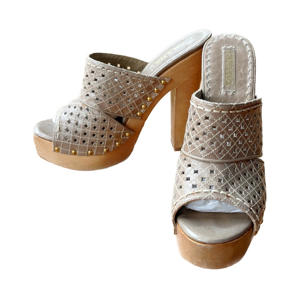 PRADA Dark Tan Open Toe Slip On Platform Heels with Gold Studs, Sz IT40/US9.5